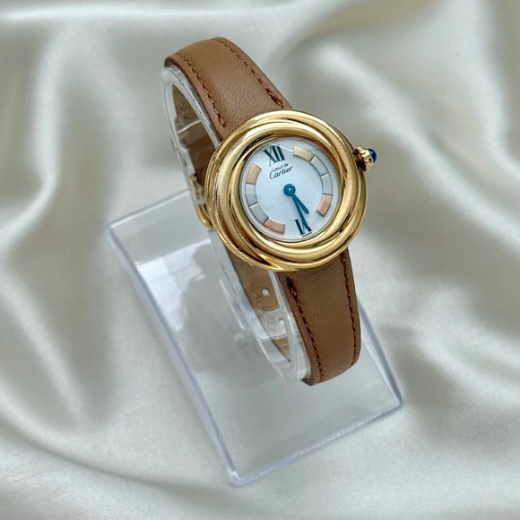 AUTHENTIC RARE VINTAGE CARTIER TRINITY WATCH - TAN LEATHER STRAP - WITH BOX - Picture 2 of 7